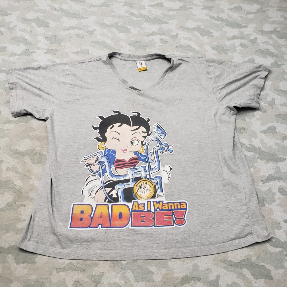 Vintage Betty Boop Bad As I Wanna Be Top Womens 2XL Gray Y2k V-Neck Short Sleeve